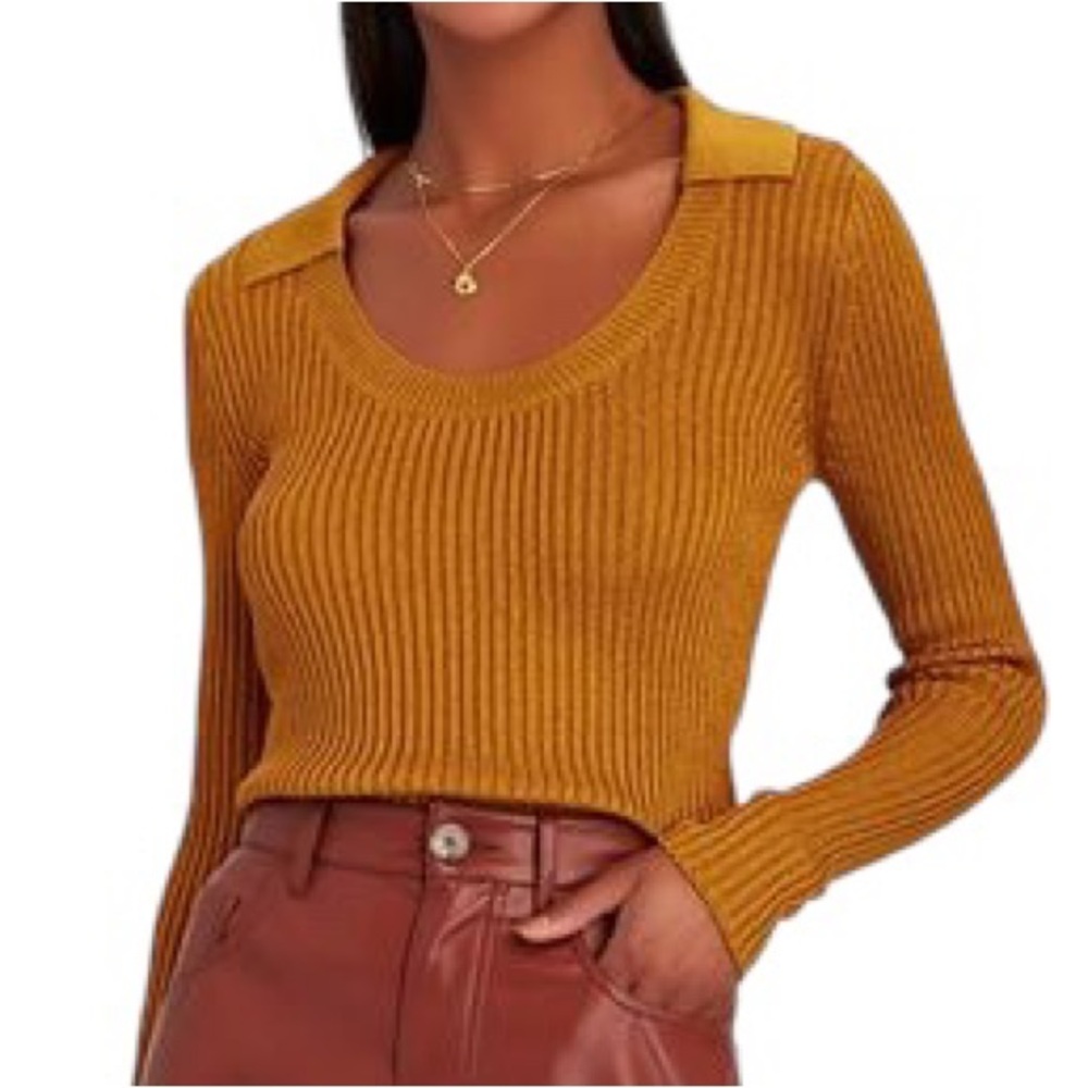 Intermix Collared Scoop Neck Copper Orange Ribbed Knit Cropped Sweater Top - S
